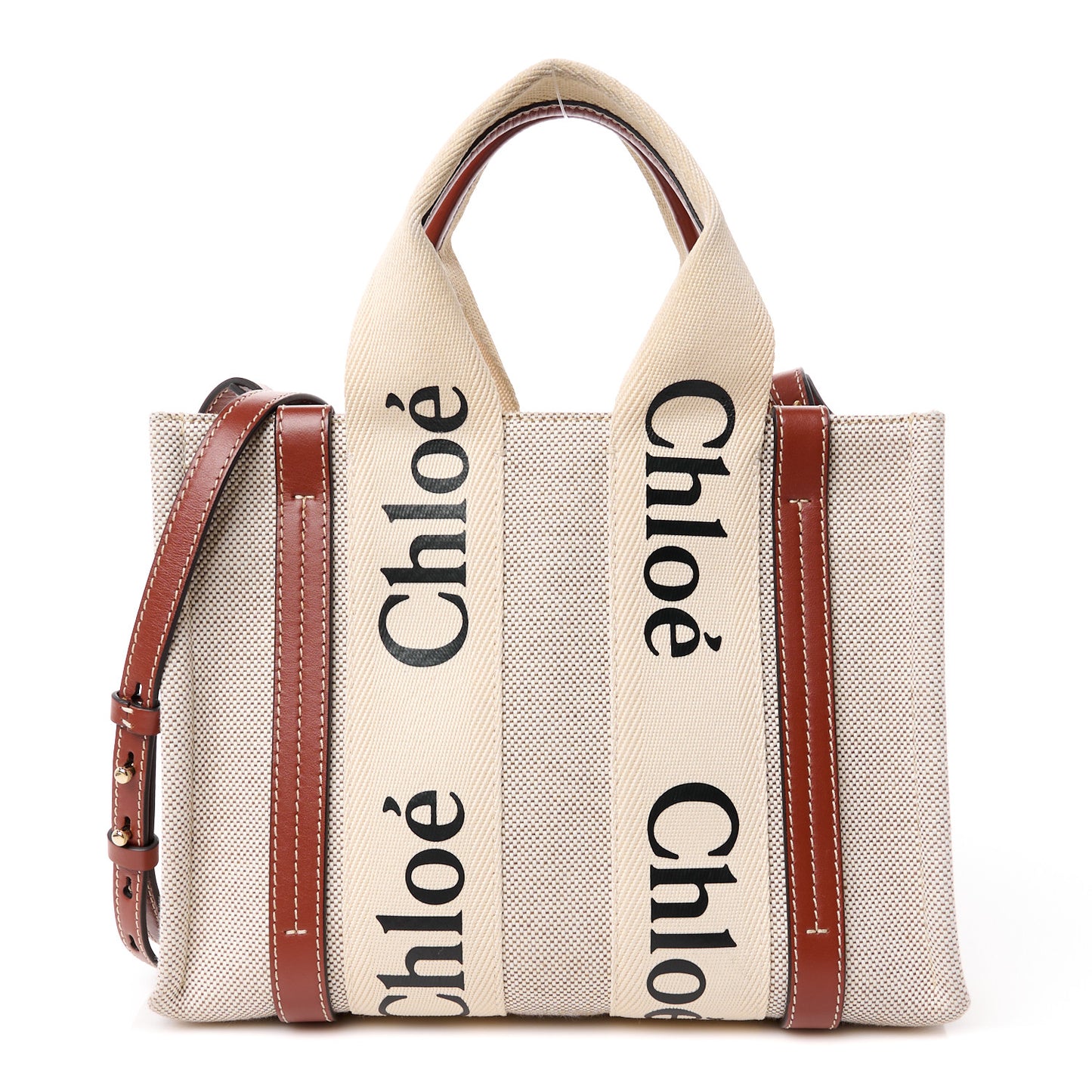 Cotton Calfskin Small Woody Ribbon Tote With Strap White Brown