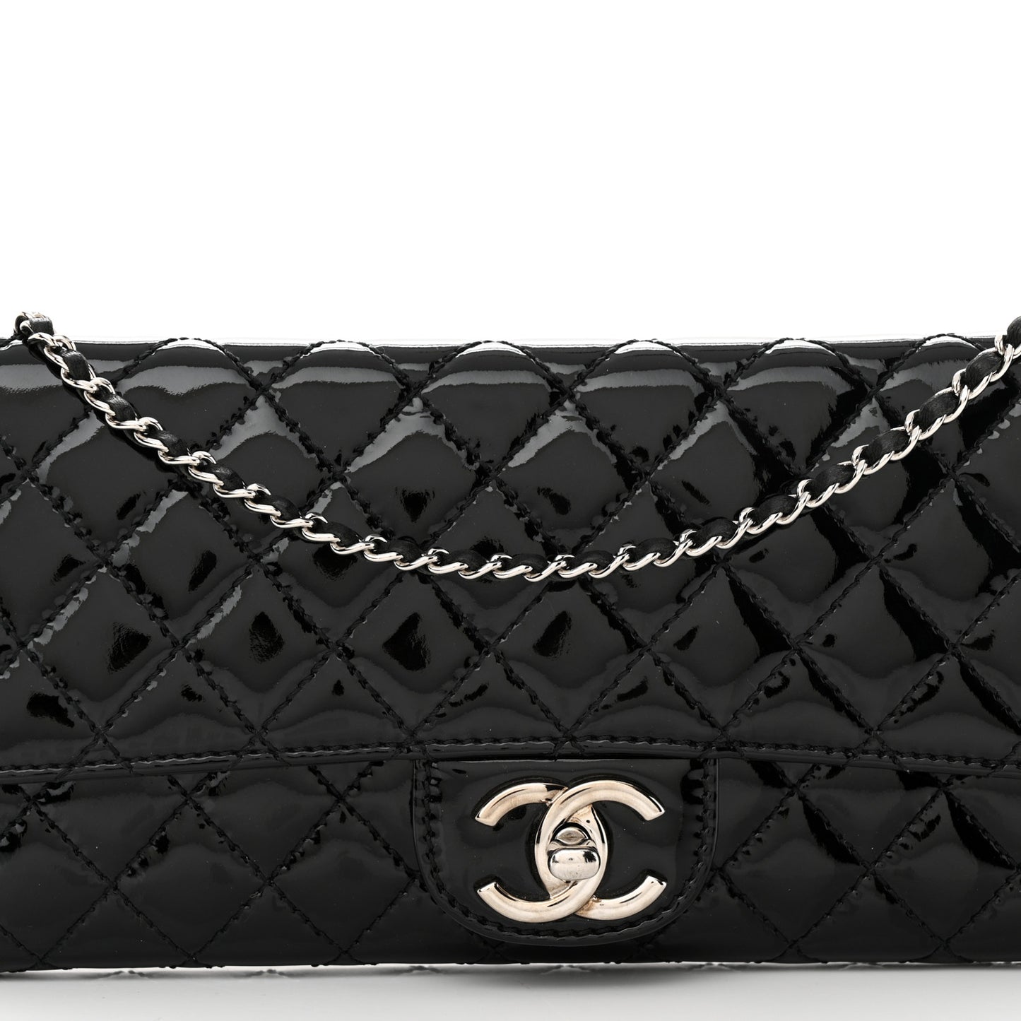 Patent Calfskin Quilted Flap Clutch With Chain Black