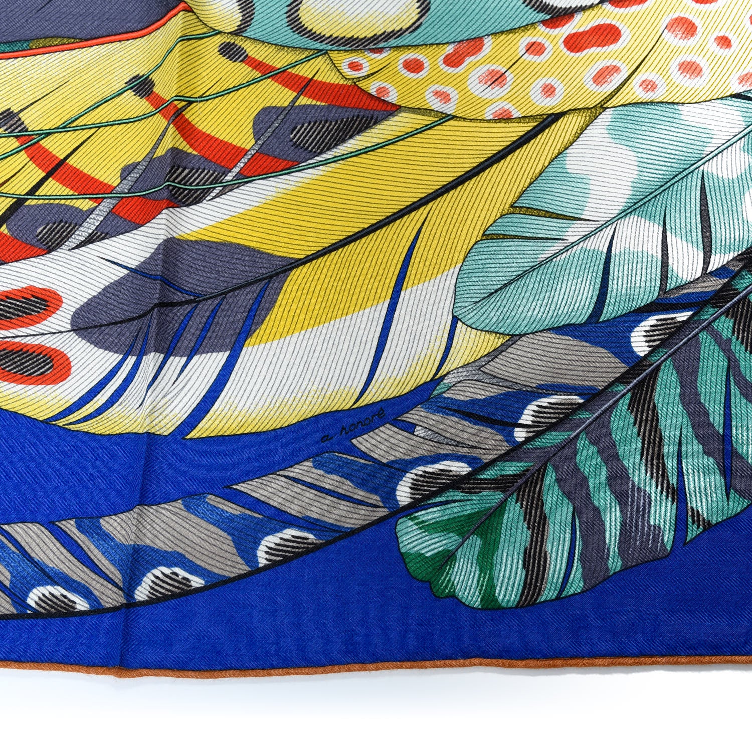 Hermes Cashmere Silk Plumes En Fete Shawl 140 Bleu Roy Jaune Rouge 4 of 6