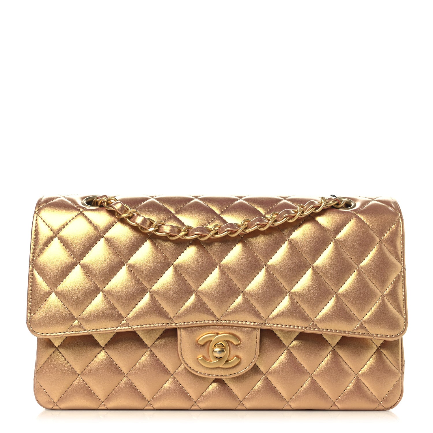 CHANEL ゴールド サテン キルティング パーティーバッグ Chanel Metallic Lambskin Quilted Medium Double Flap Golden 1772619