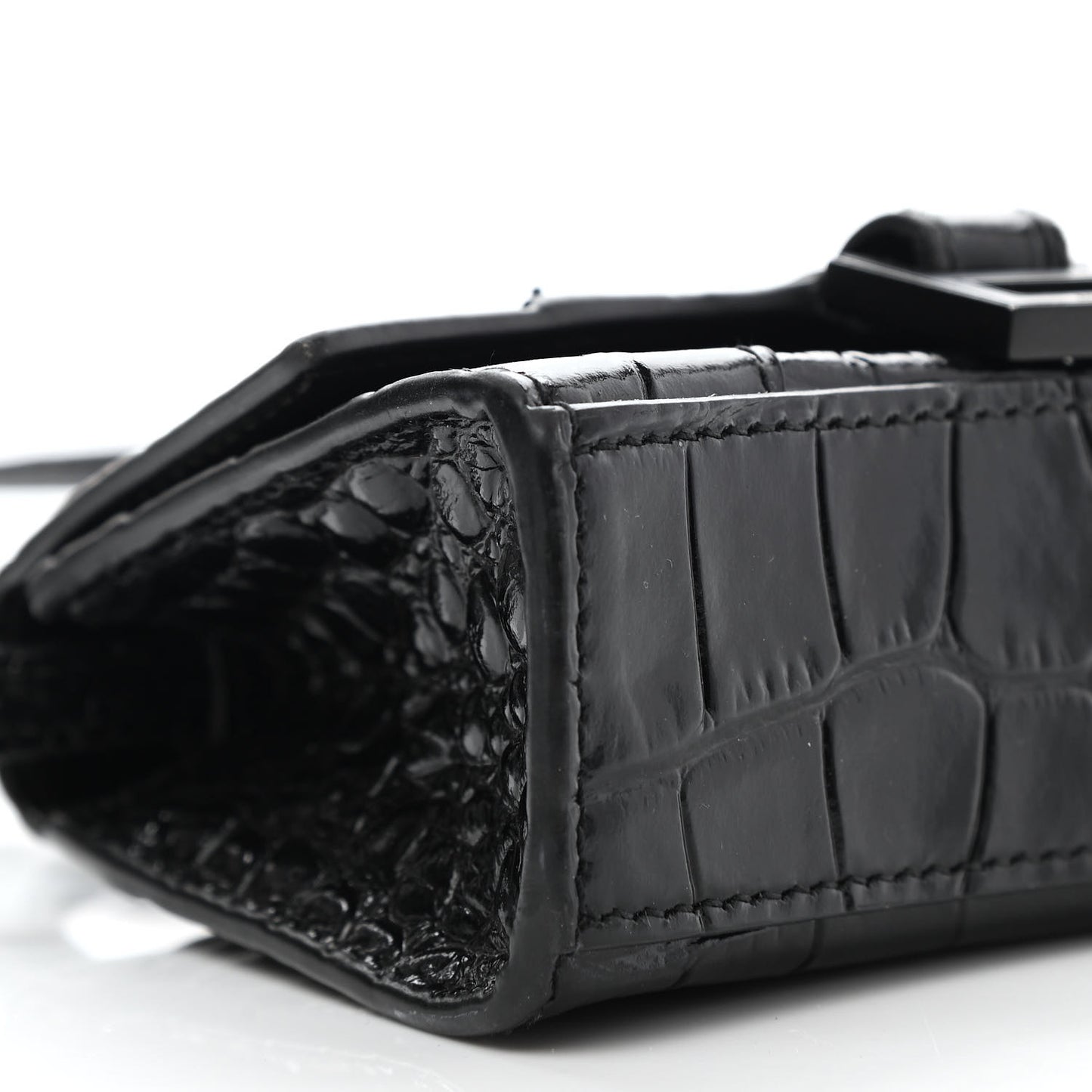 Shiny Calfskin Monochrome Crocodile Embossed Hourglass Top Handle Bag Mini Black