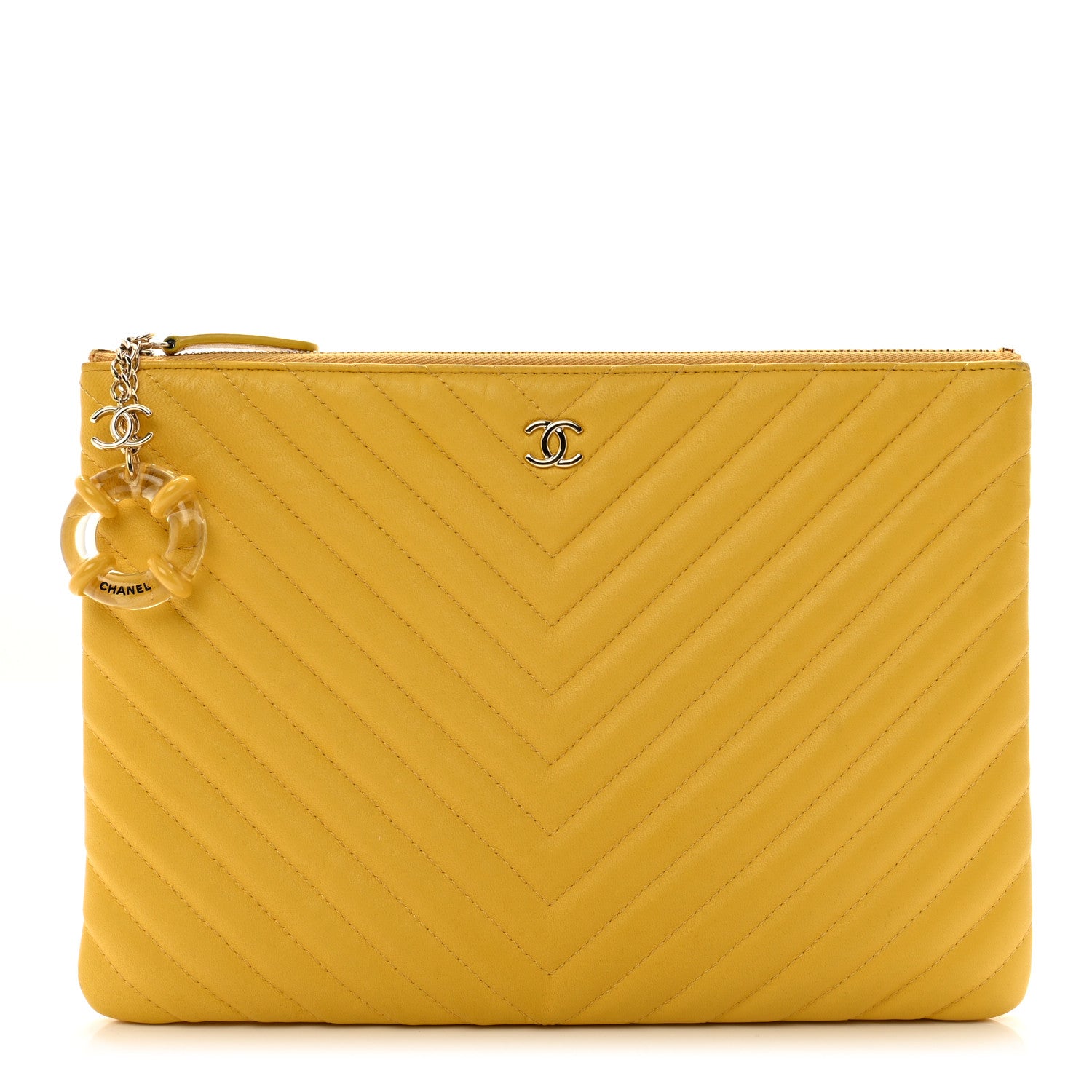 Chanel Lambskin Chevron Quilted Charms Medium Cosmetic Case Yellow 1 of 10