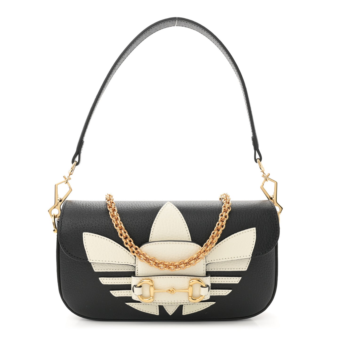 X ADIDAS Textured Dollar Calfskin Web Small Trefoil Horsebit 1955 Shoulder Bag Black Off White