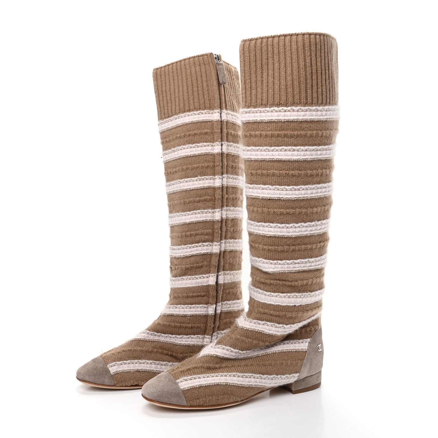 Chanel Knit Suede Stripe High Boots 36 Dark Beige White 3 of 6