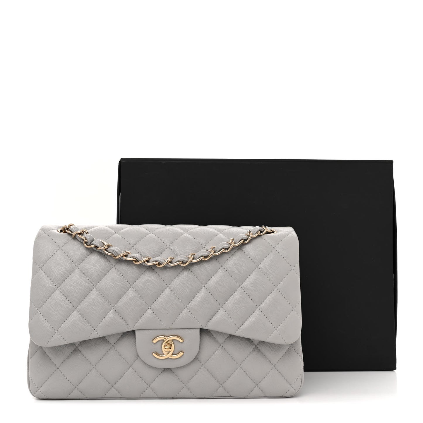 Caviar Quilted Jumbo Double Flap Grey