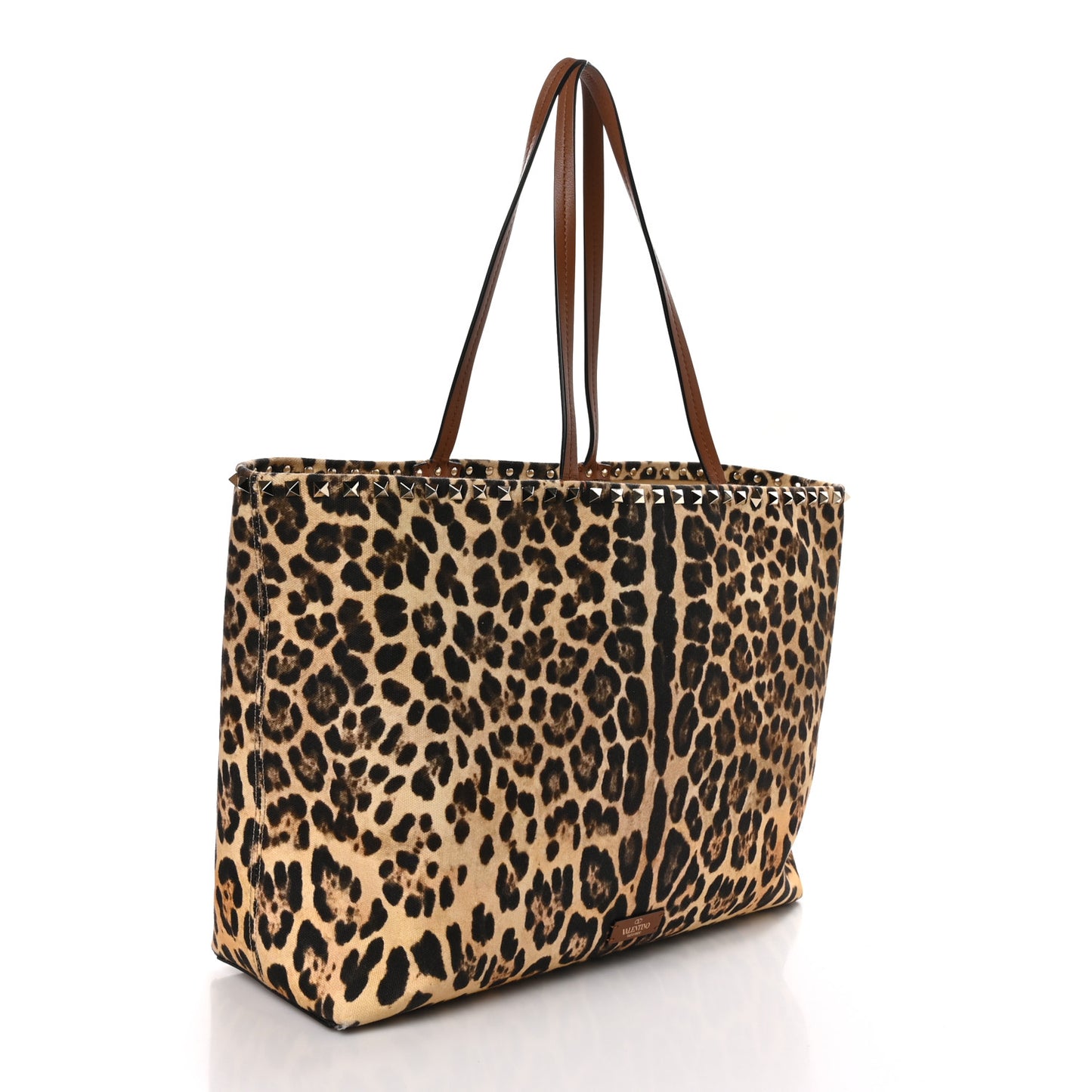 VALENTINO GARAVANI Canvas Nappa Leopard Print Rockstud Tote Brown