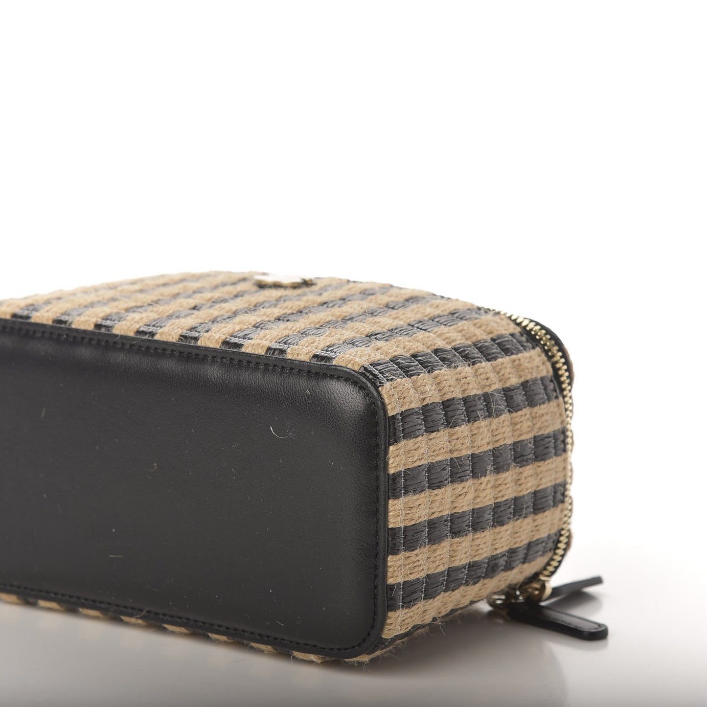 Raffia Jute Striped Small Vanity Case With Chain Black Beige