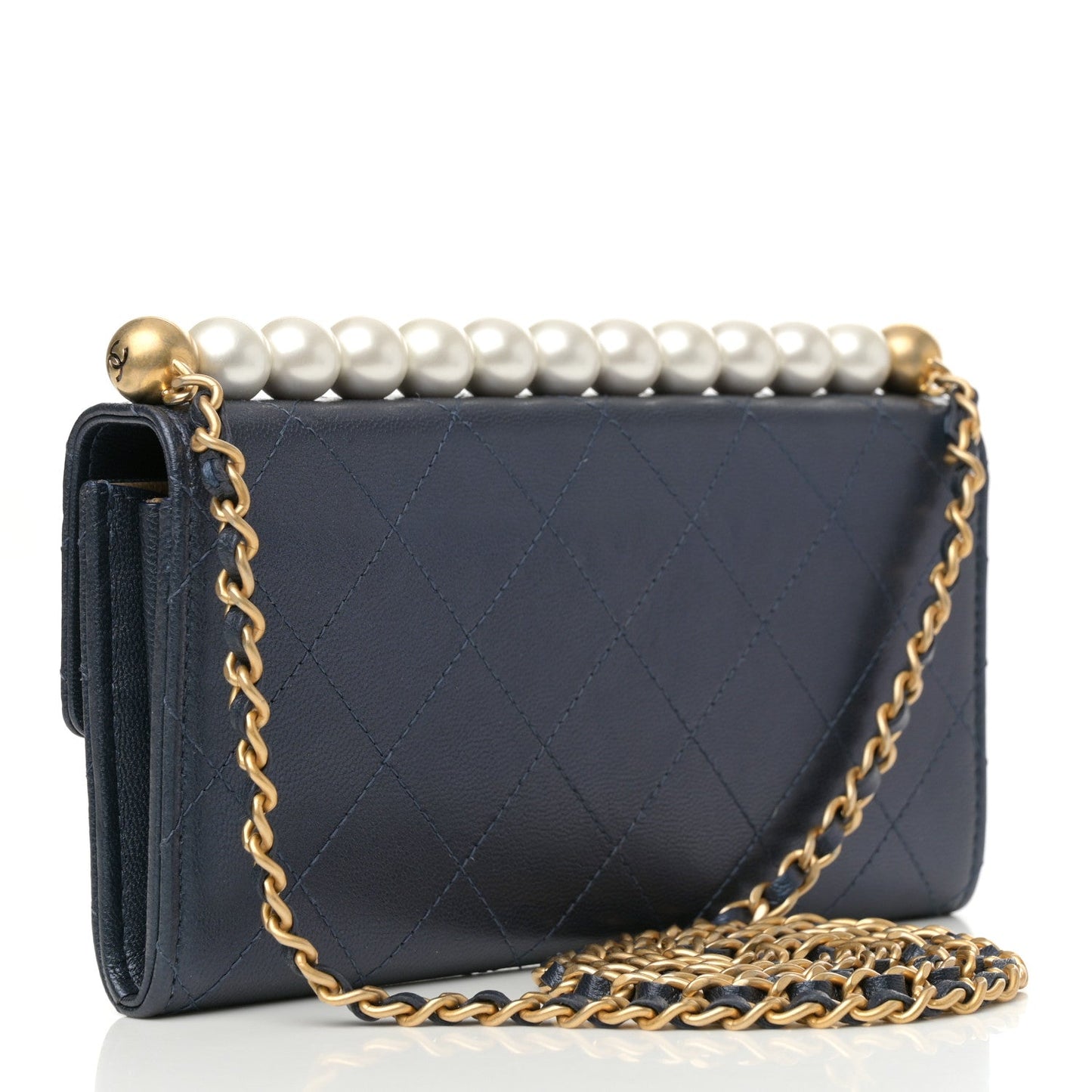 Goatskin Quilted Chic Pearls Clutch With Chain Navy