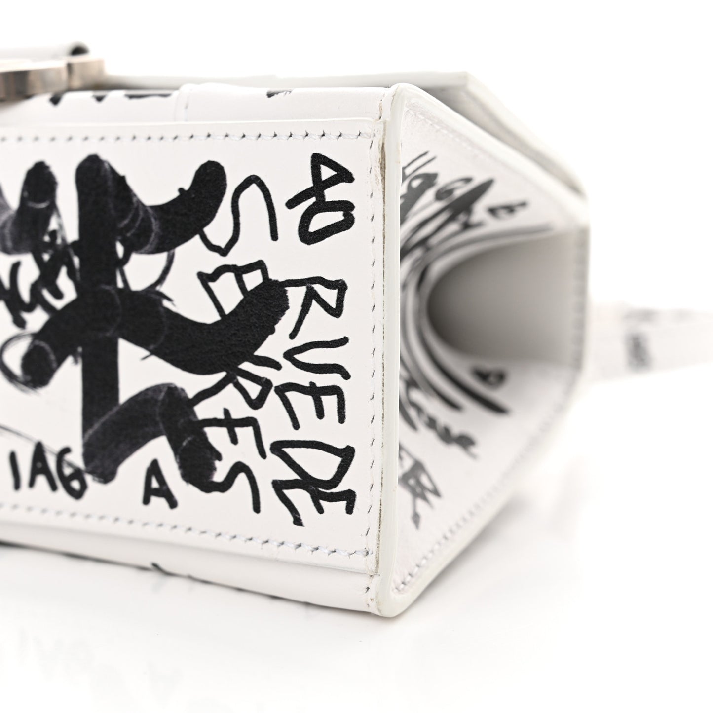Smooth Calfskin Graffiti Hourglass Top Handle Bag XS White Black