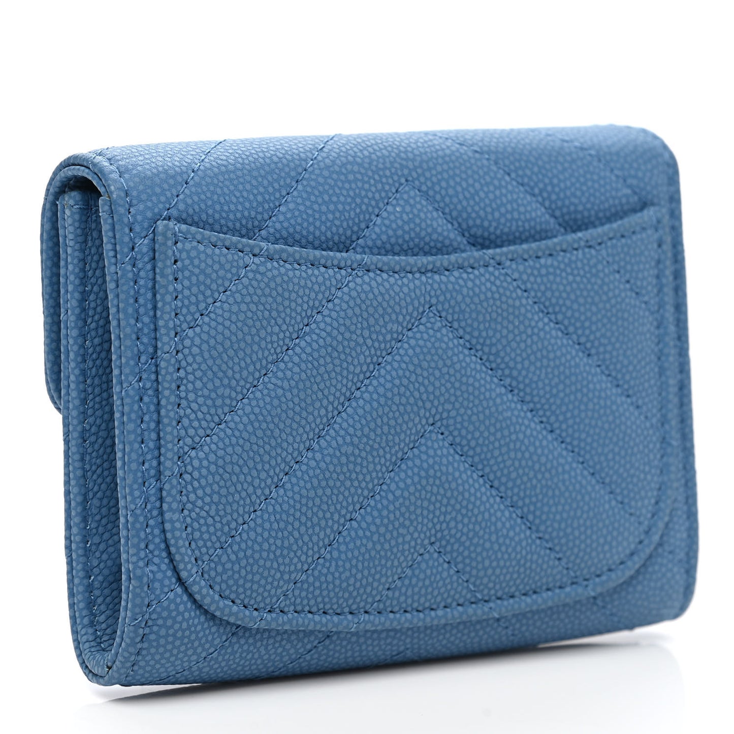 Caviar Flat Chevron Quilted Flap Card Holder Wallet Light Blue
