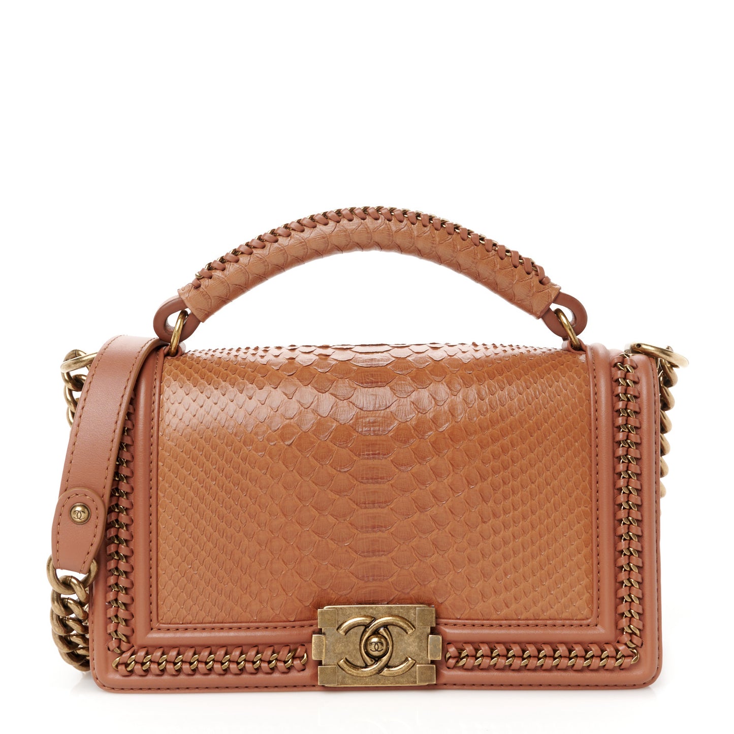 Snakeskin Calfskin Medium Chain Around Top Handle Boy Flap Camel