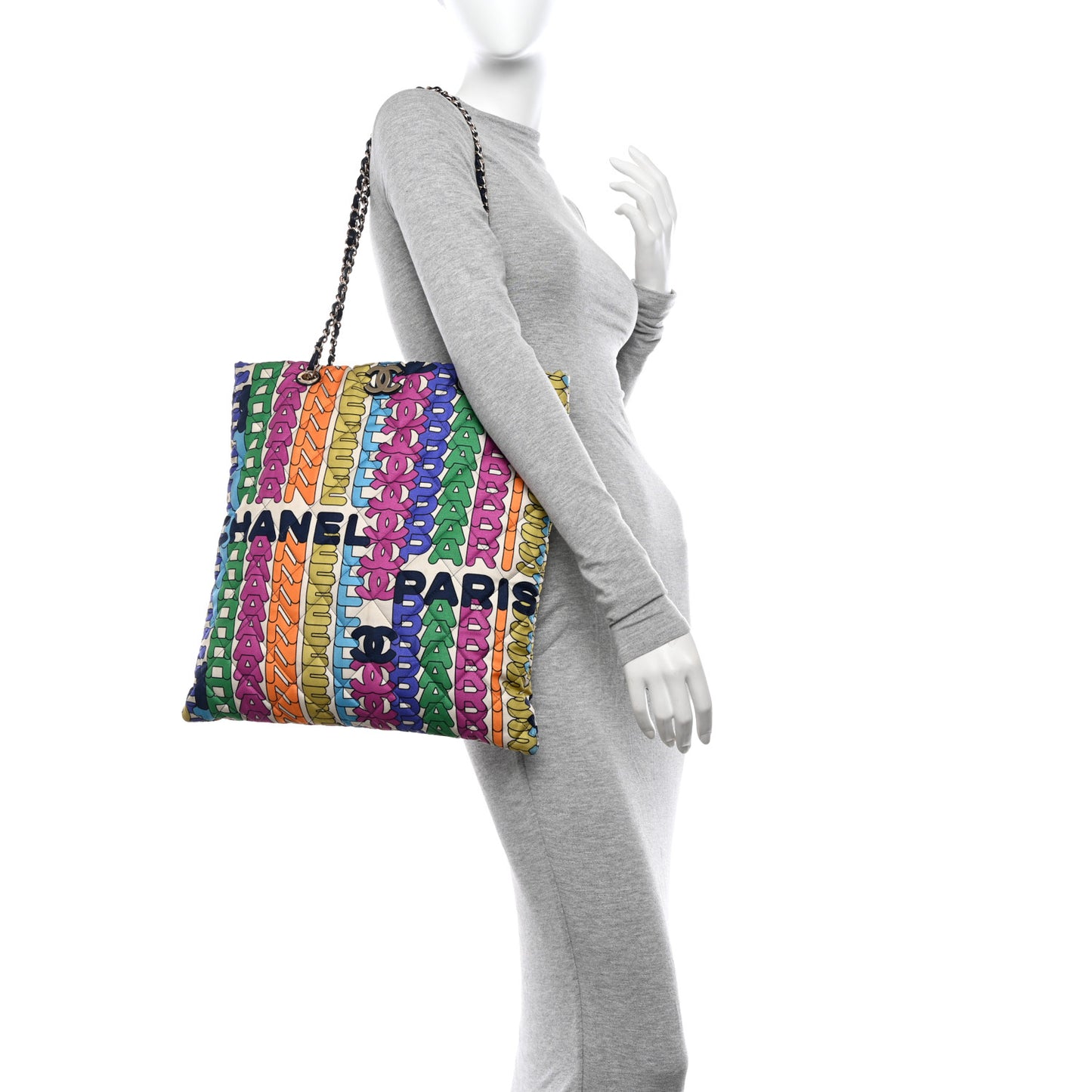 Printed Fabric Quilted Logo Large Shopping Tote Multicolor