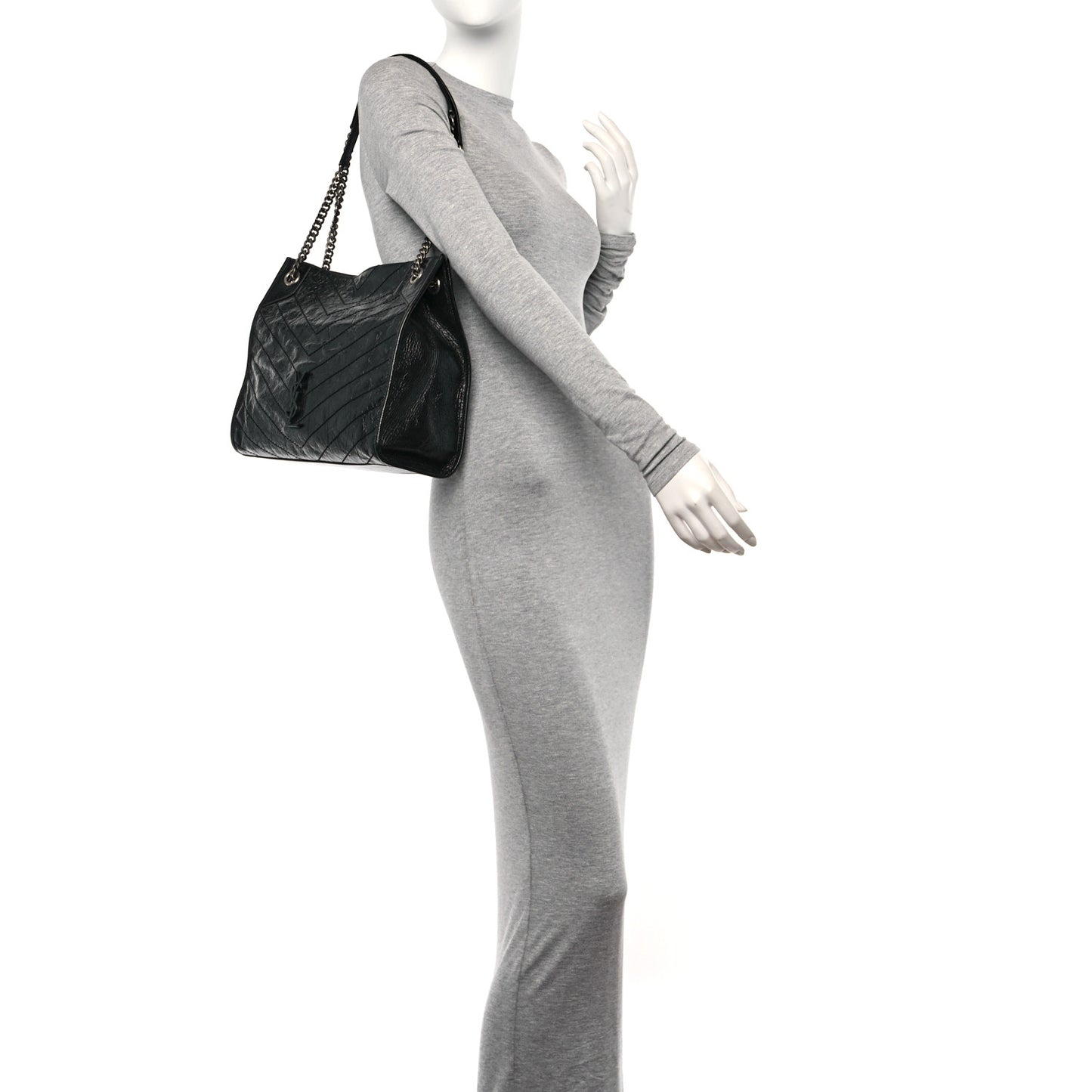 Crinkled Calfskin Matelasse Monogram Medium Niki Shopper Tote Black