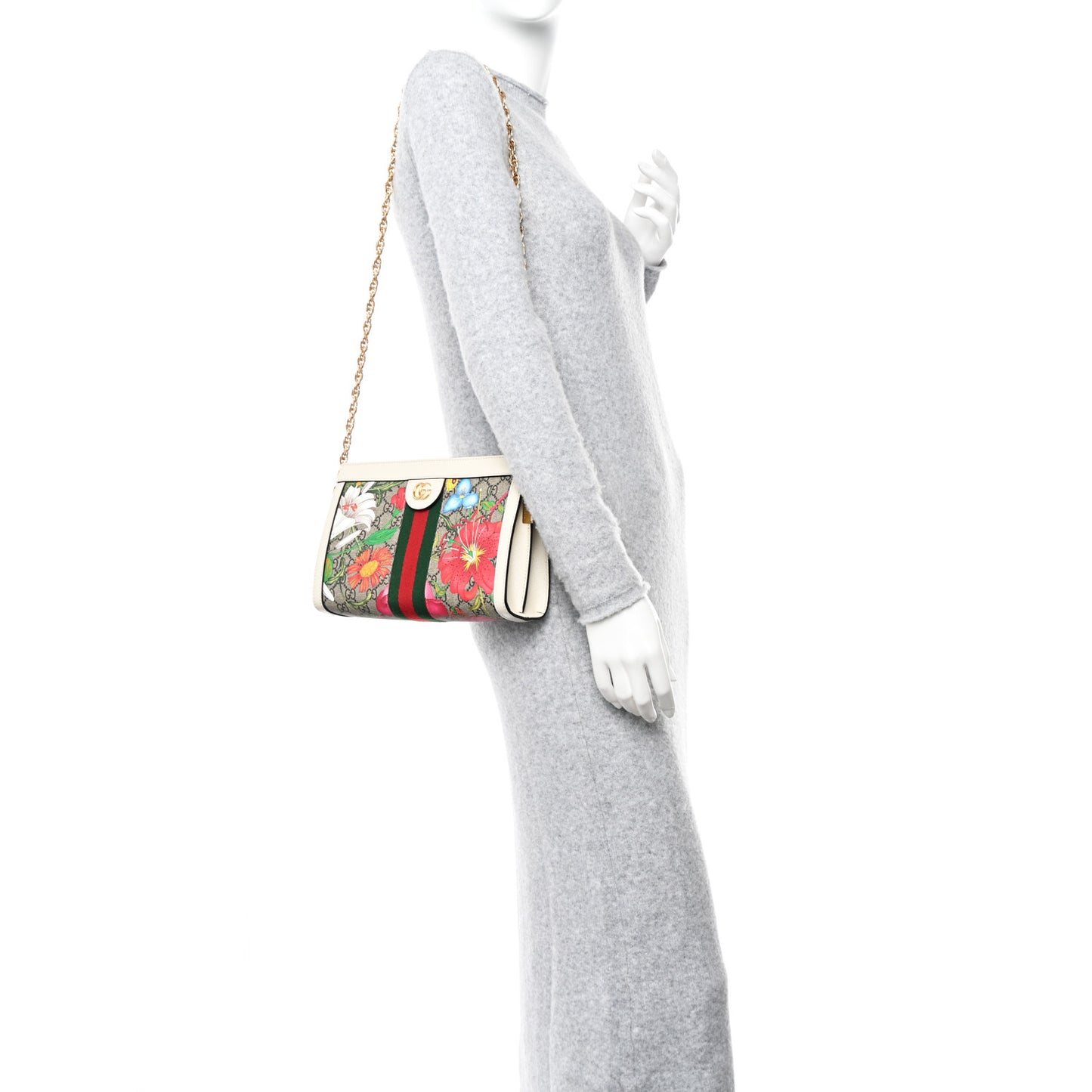 GG Supreme Monogram Flora Web Small Ophidia Chain Shoulder Bag White