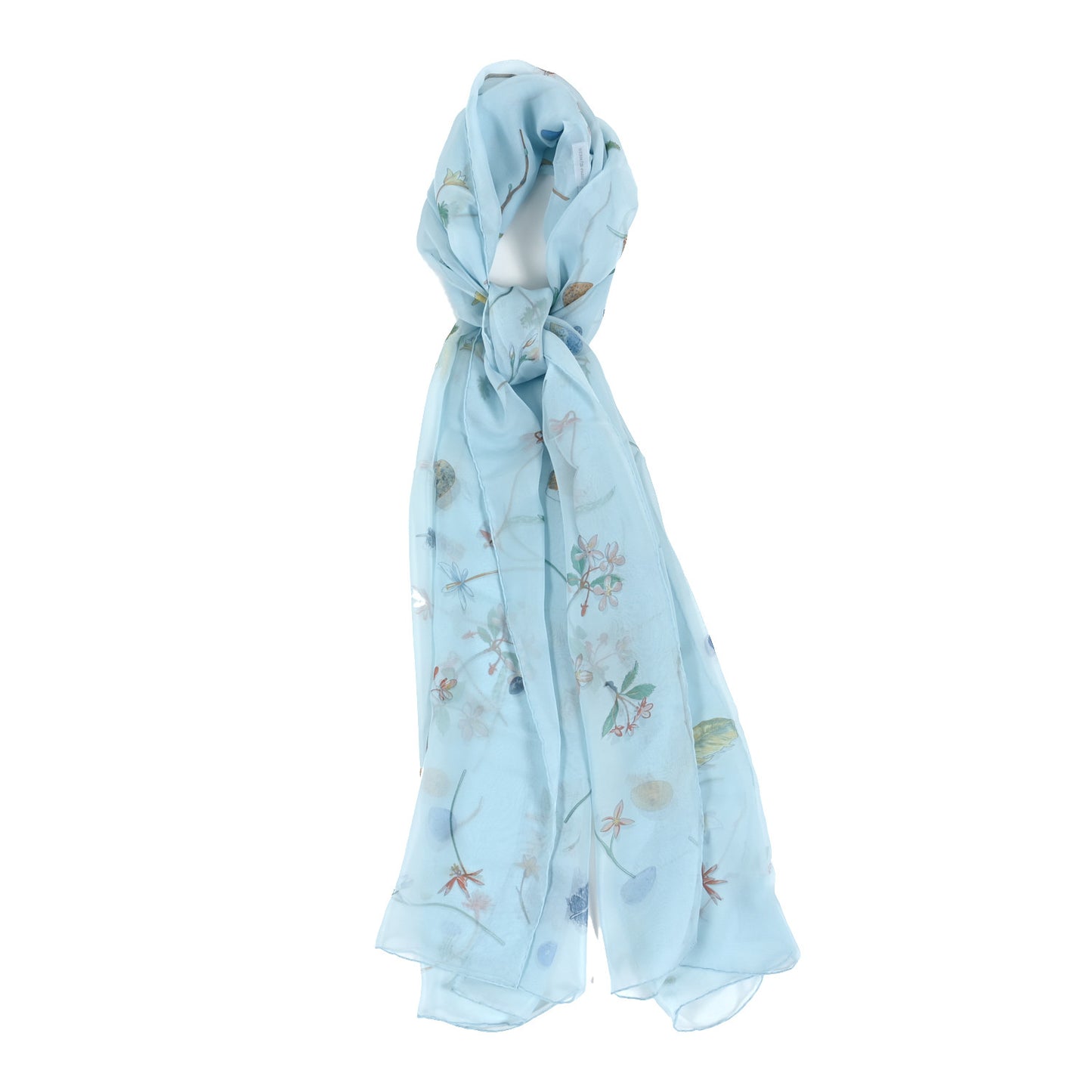 Silk Fleurs et Plumes Mousseline Stole Bleu