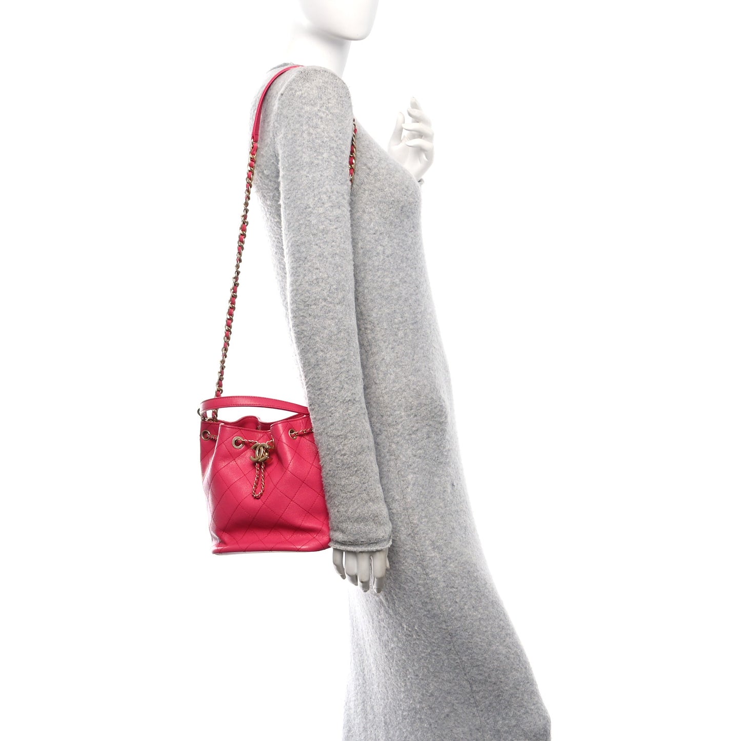 Caviar Quilted Fashion Therapy Bucket Drawstring Bag Dark Pink