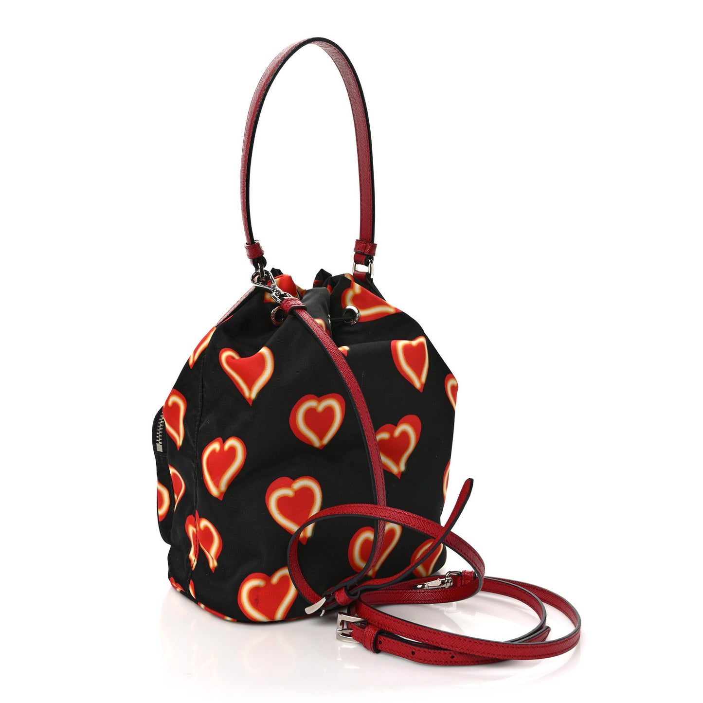 Nylon Saffiano Heart Print Bucket Crossbody Bag Black Fuoco