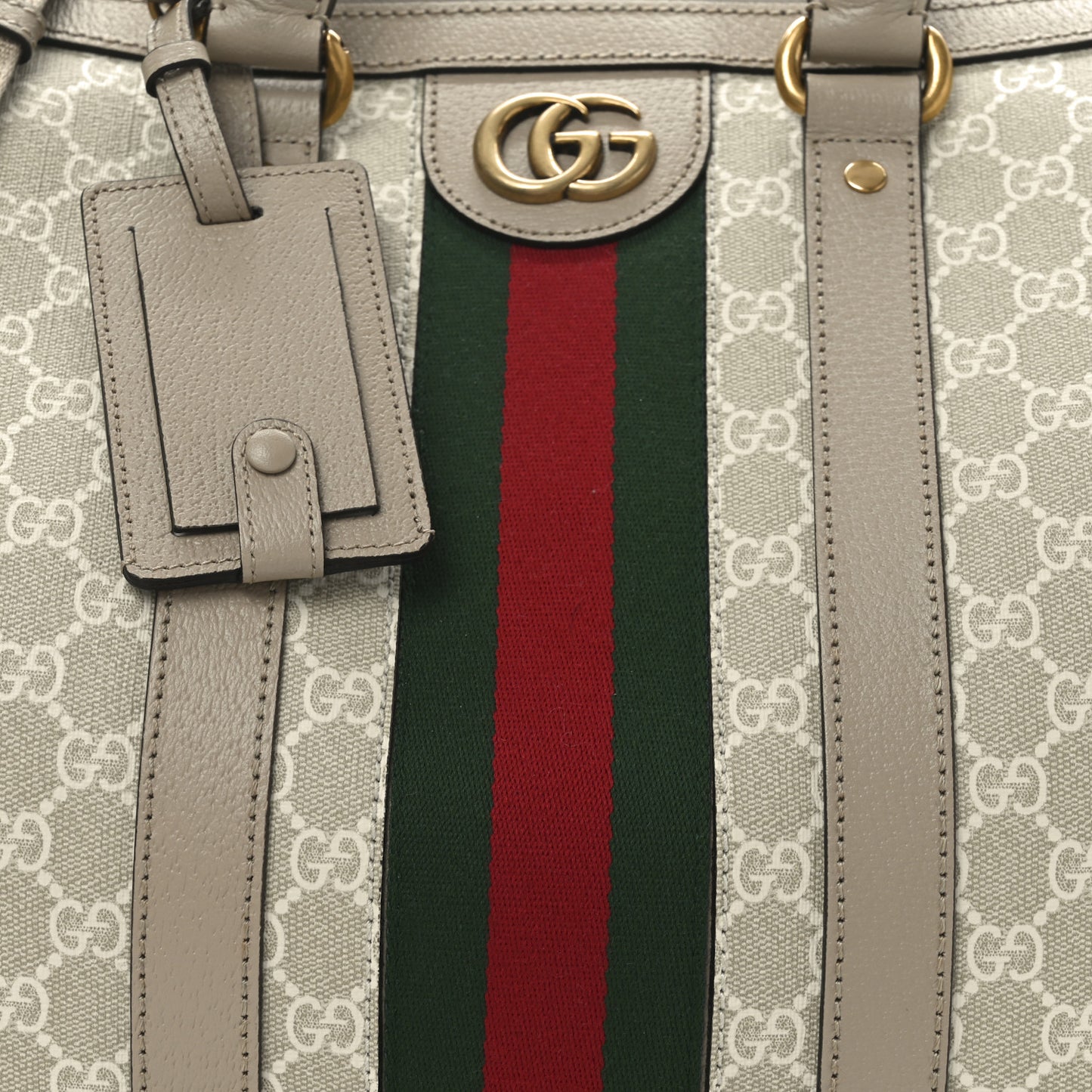 GG Supreme Monogram Textured Dollar Calfskin Web Medium Savoy Duffle Bag Beige Mystic White Oatmeal
