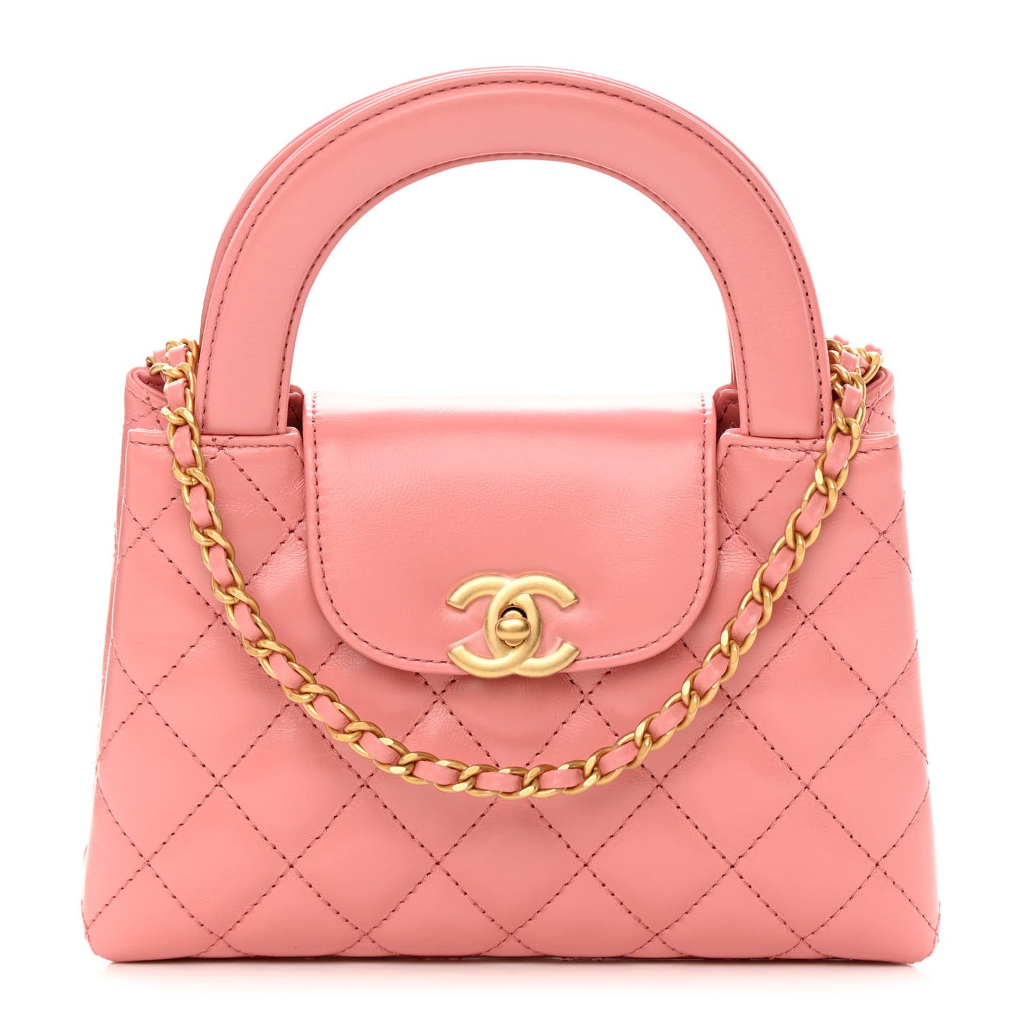Shiny Aged Calfskin Quilted Nano Kelly Shopper Coral Pink
