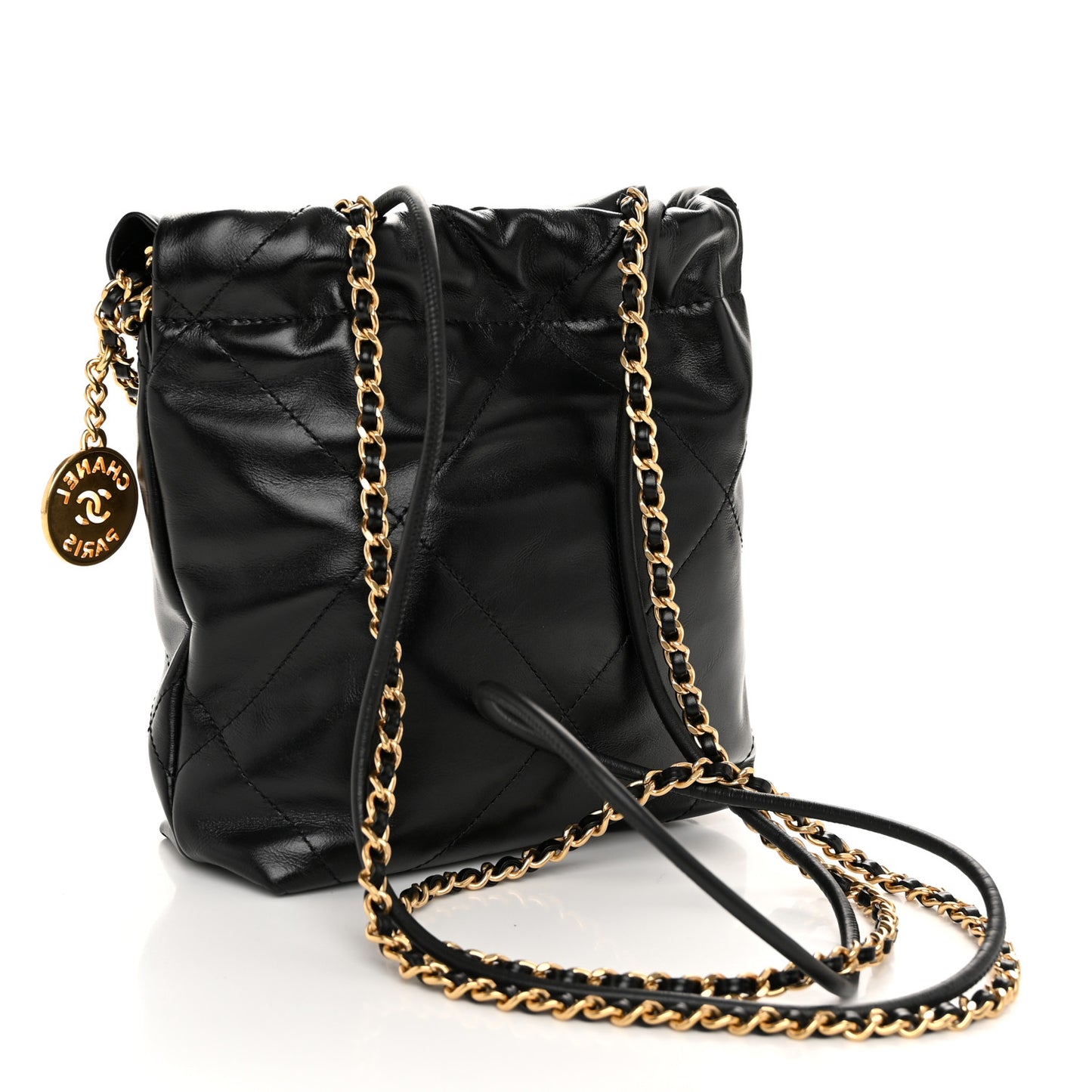 Shiny Calfskin Quilted Pearl CC Chain Mini Chanel 22 Black