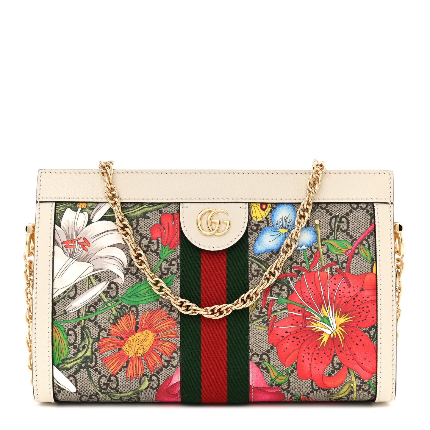 GG Supreme Monogram Flora Web Small Ophidia Chain Shoulder Bag White