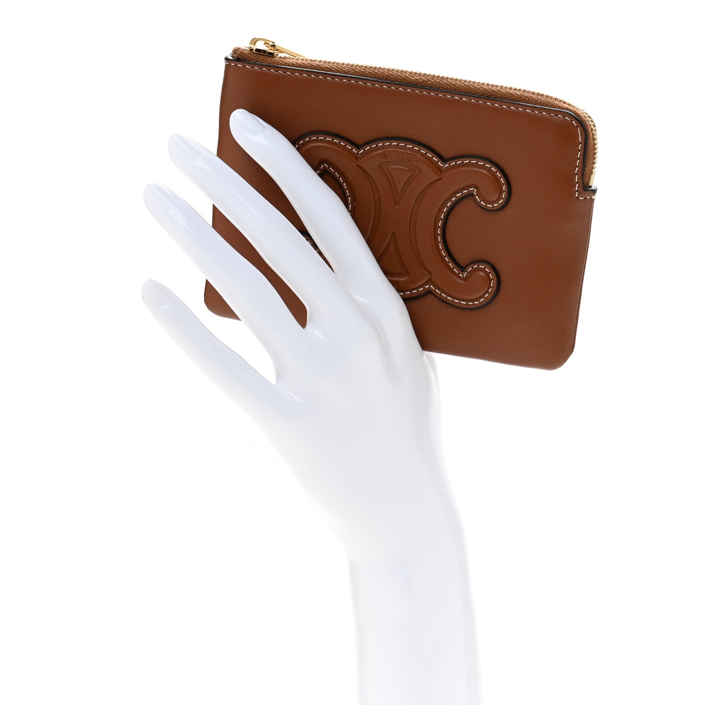 Smooth Calfskin Cuir Triomphe Coin and Card Pouch With Hook Tan