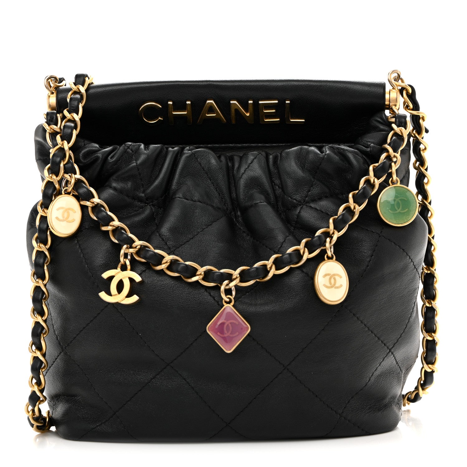 Chanel Lambskin Resin Quilted Small Bucket Bag Black 1843246