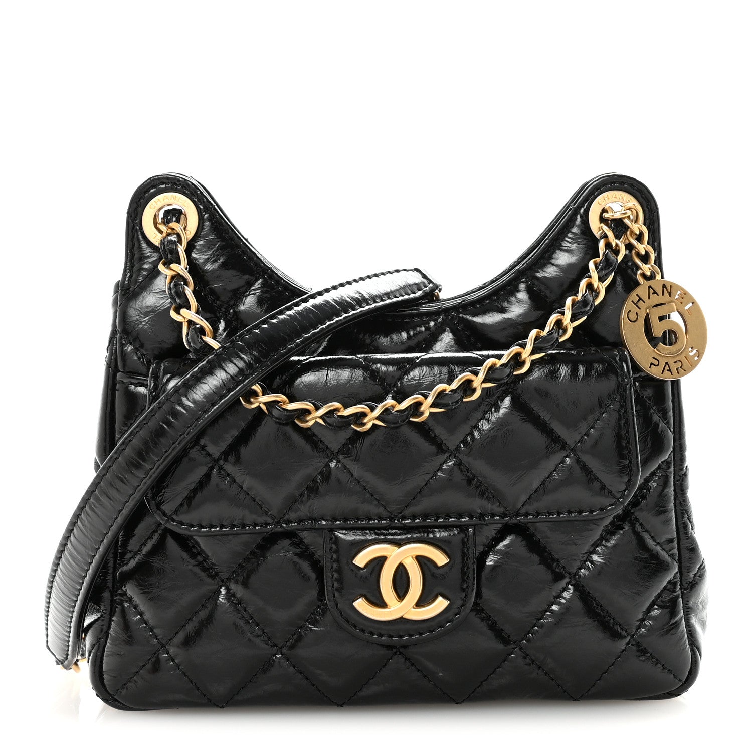 Chanel Shiny Crumpled Calfskin Quilted Small Wavy CC Hobo Black