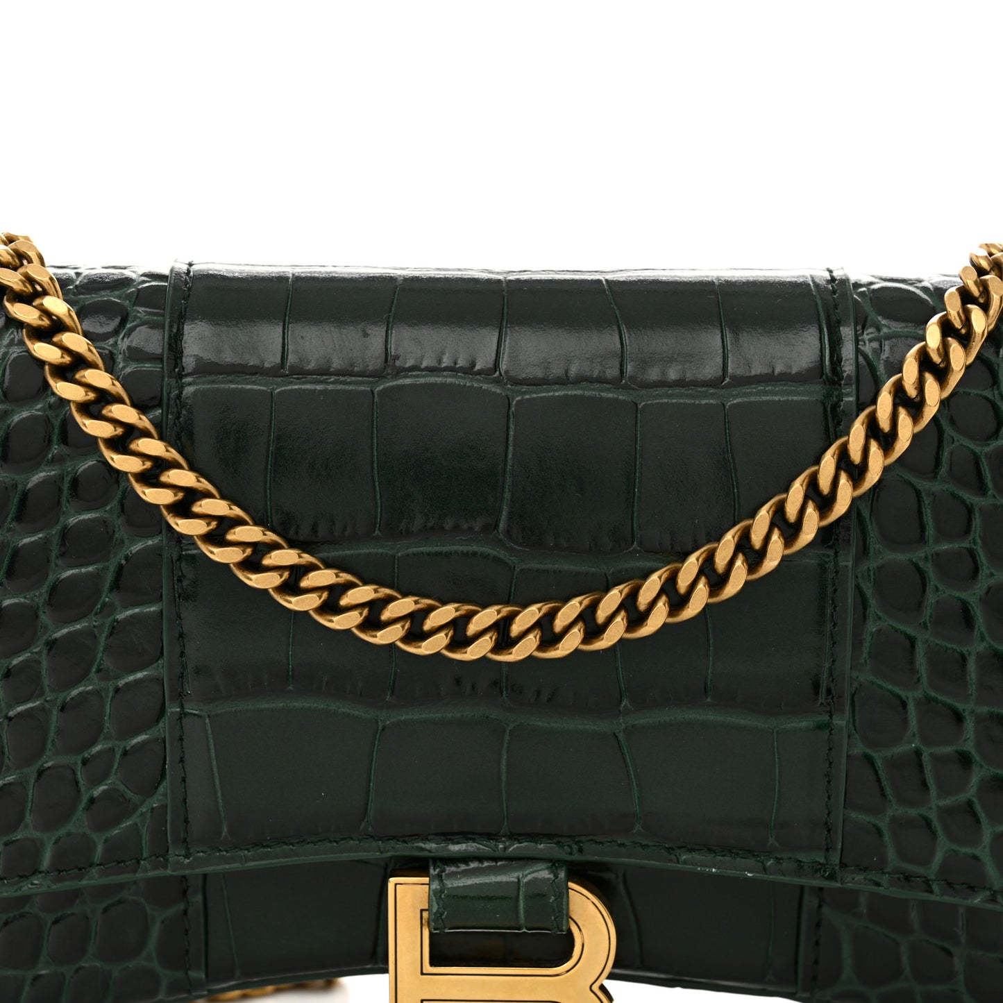 Shiny Calfskin Crocodile Embossed Hourglass Chain Bag Forest Green