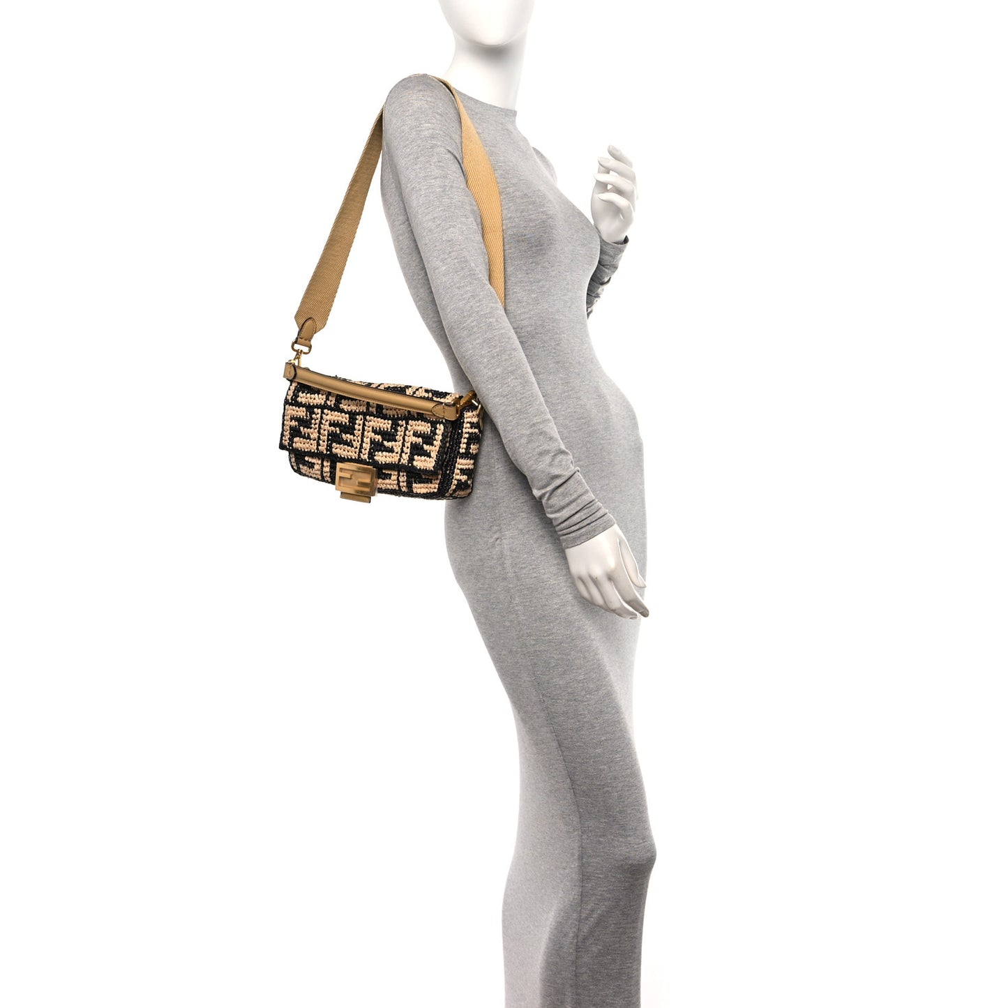 Raffia Vitello Grace FF Crochet Baguette Natural Black Paglia