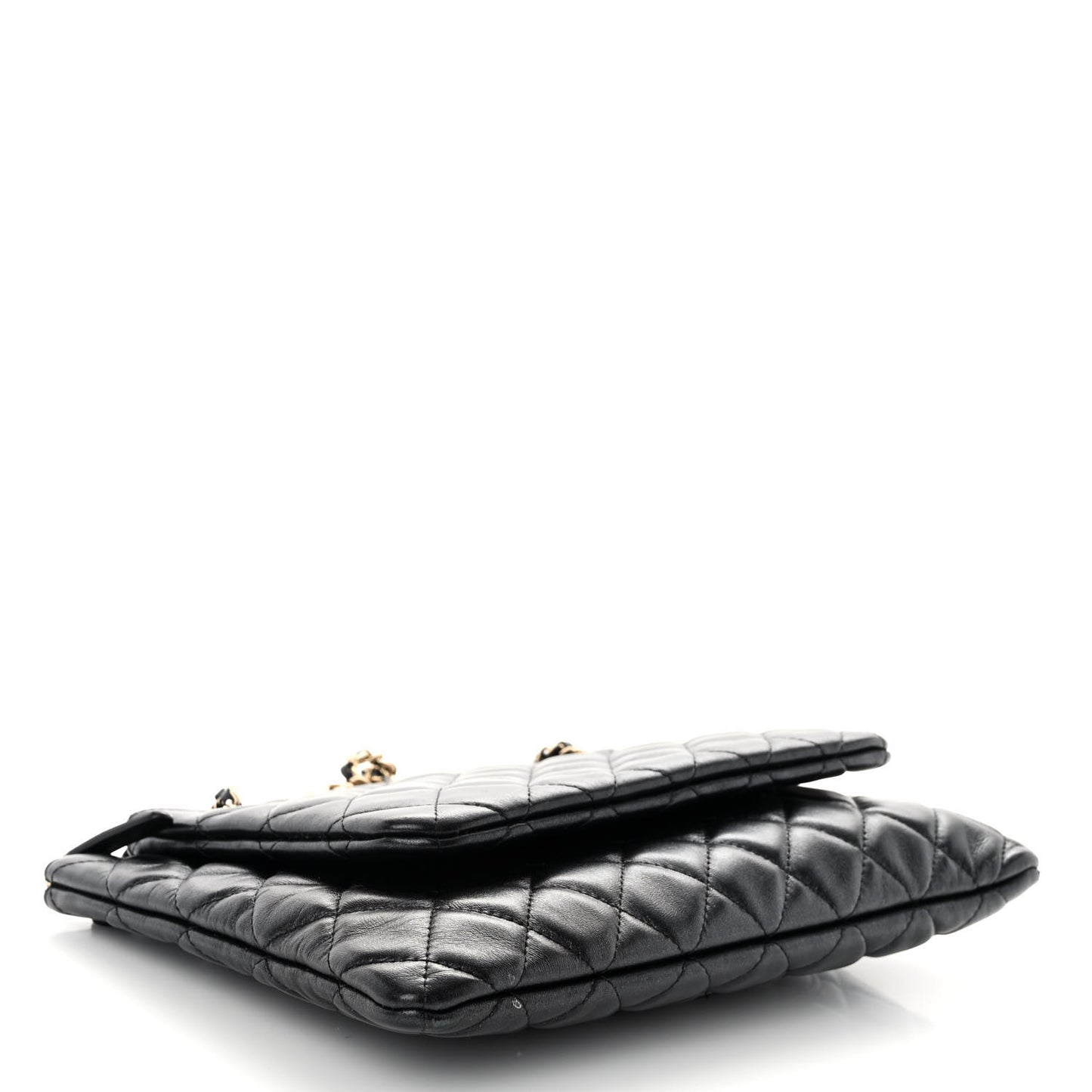 Shiny Lambskin Quilted Medium Double Case With Strap Black