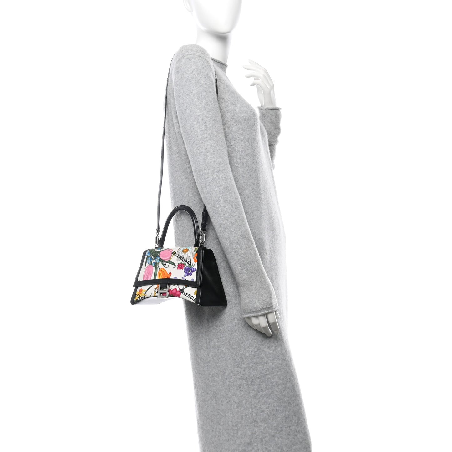 X GUCCI Canvas Boarded Plutone Calfskin Flora Logo Print Small Hourglass Top Handle Bag White Multicolor Black