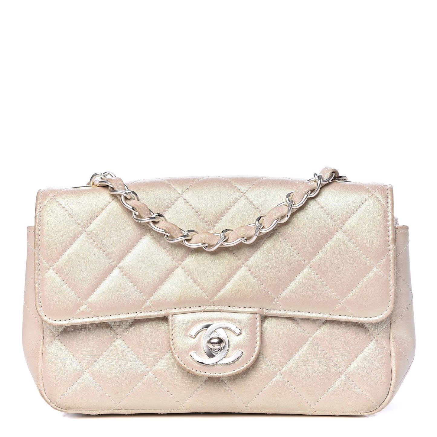 Metallic Lambskin Quilted Extra Mini Rectangular Flap Ivory