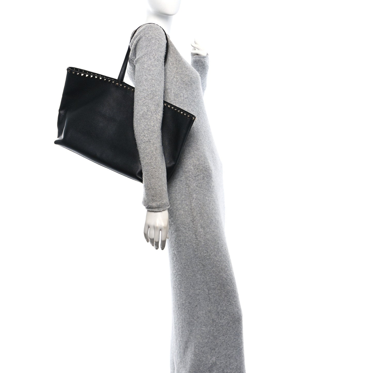 Grained Calfskin Rockstud Shoulder Tote Black