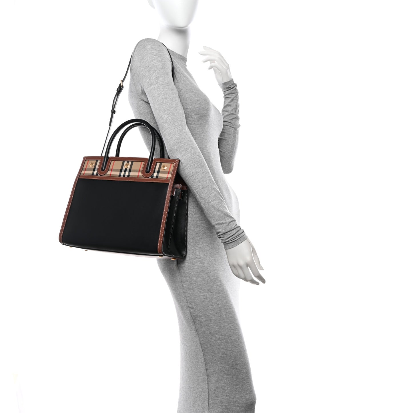 Calfskin Check Small Two Handle Title Bag Black