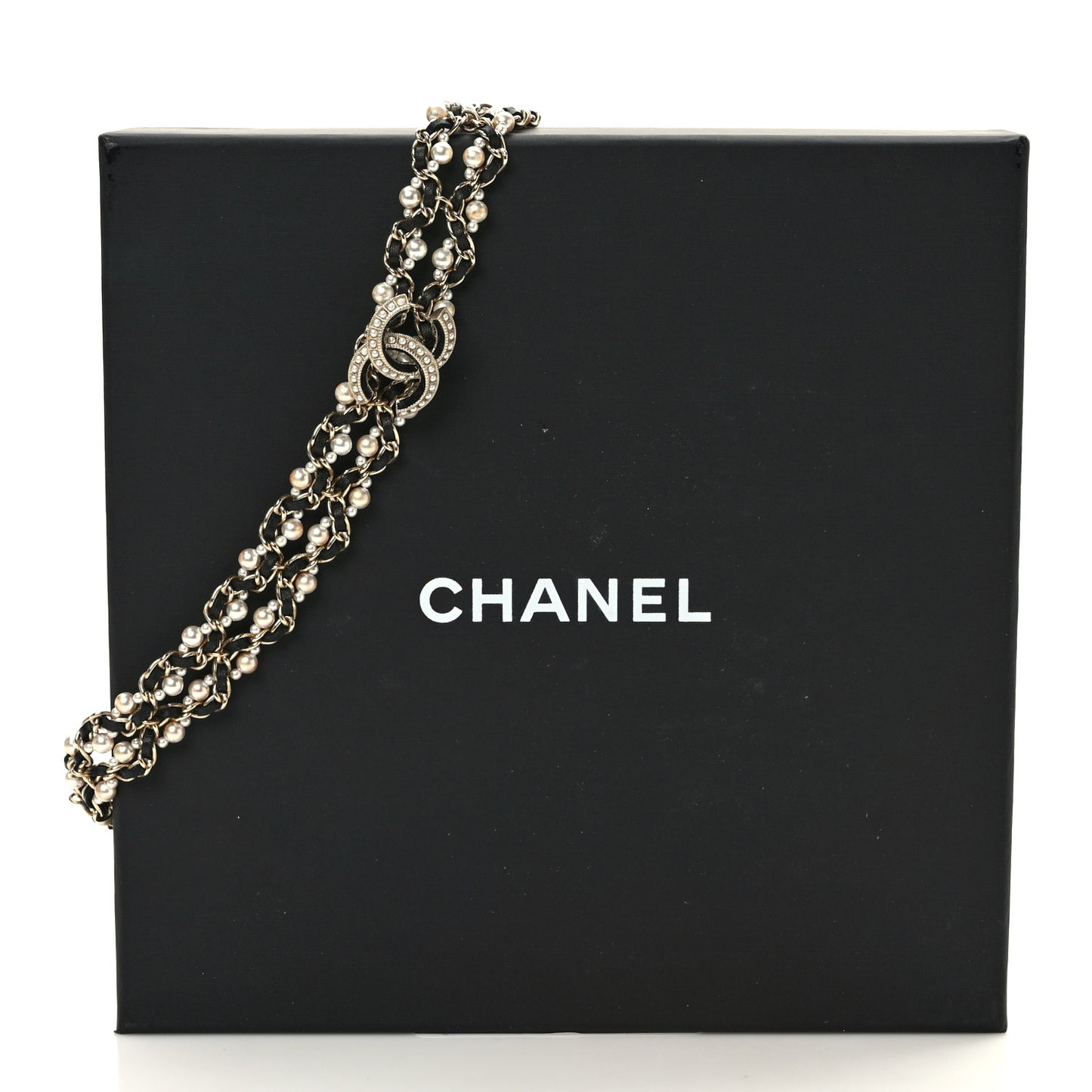Pearl Lambskin CC Chain Twist Choker Necklace Gold Black