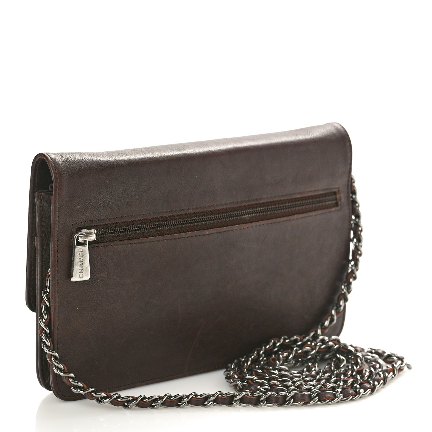 Lambskin Timeless CC Wallet on Chain WOC Dark Brown