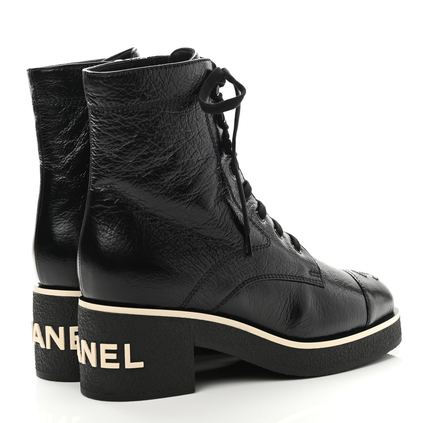 Shiny Crumpled Lambskin Lace Up Combat Boots 38 Black