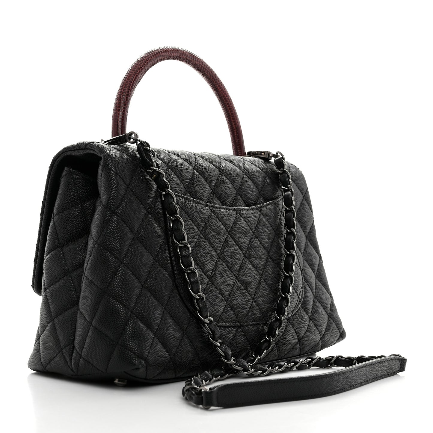 Caviar Lizard Embossed Quilted Small Coco Handle Flap Black