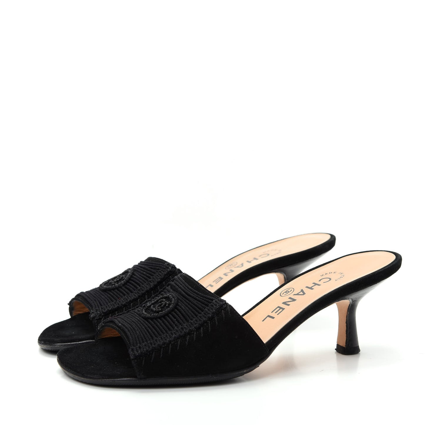 Suede Cord Beaded CC Mules 35.5 Black