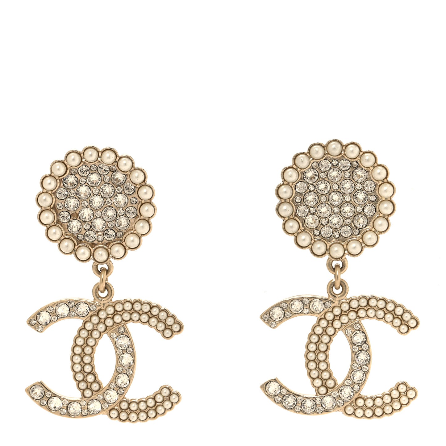 Crystal Pearl CC Drop Round Earrings Gold