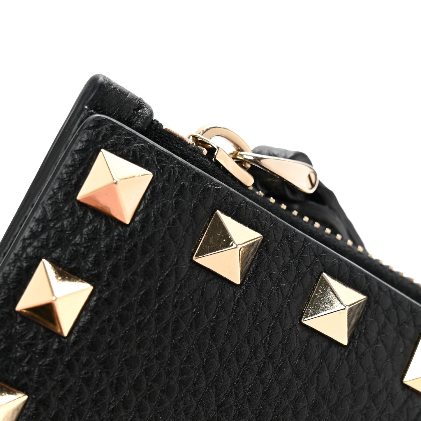 Pebbled Calfskin Rockstud Coin Case Card Holder Black