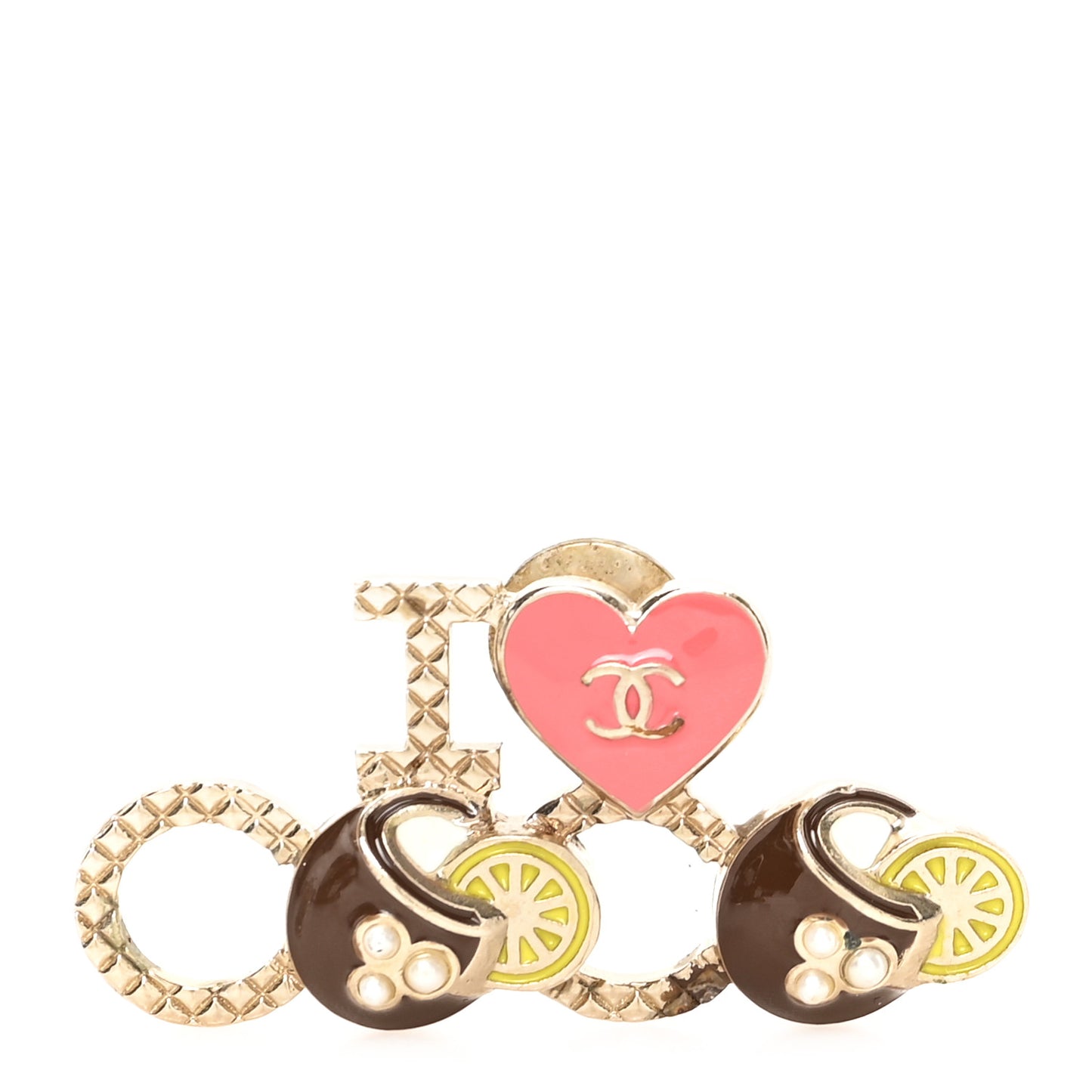 Metal Resin Pearl I Love Coco Brooch Gold Brown Pink