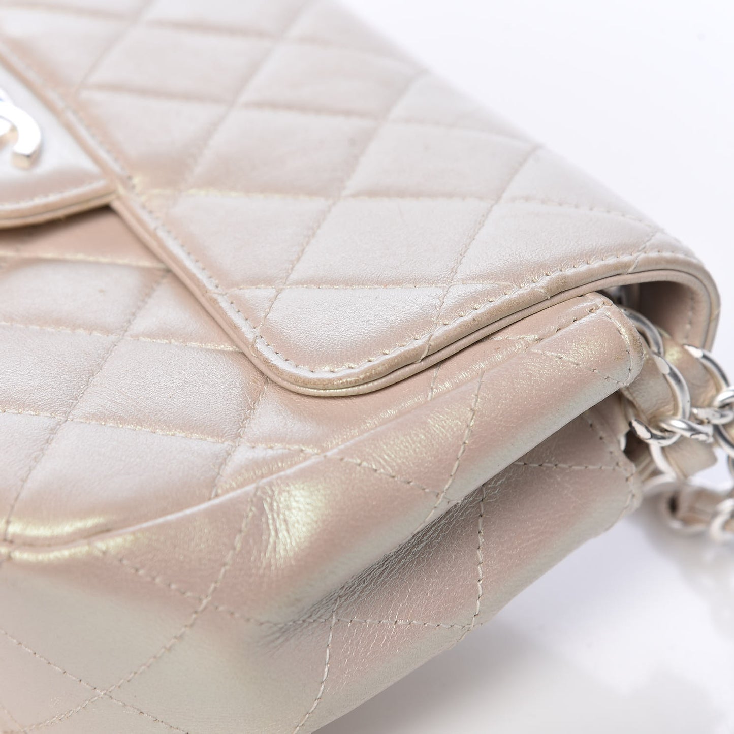 Metallic Lambskin Quilted Extra Mini Rectangular Flap Ivory