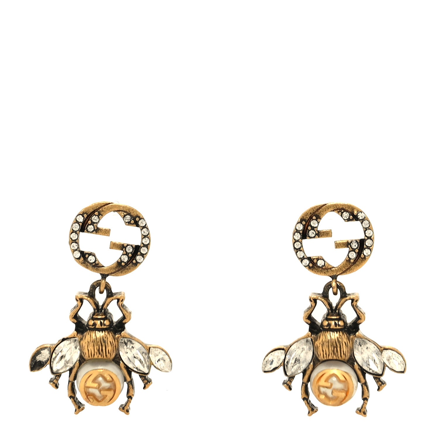 Gucci Crystal Pearl GG Drop Bee Earrings Gold 1 of 4