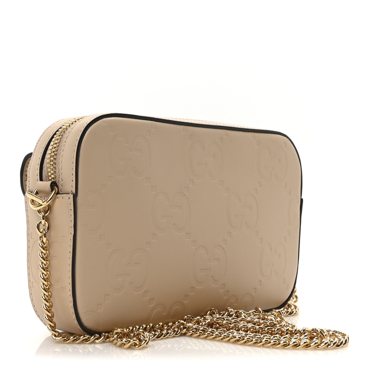 Calfskin GG Super Mini Debossed Chain Wallet Light Beige