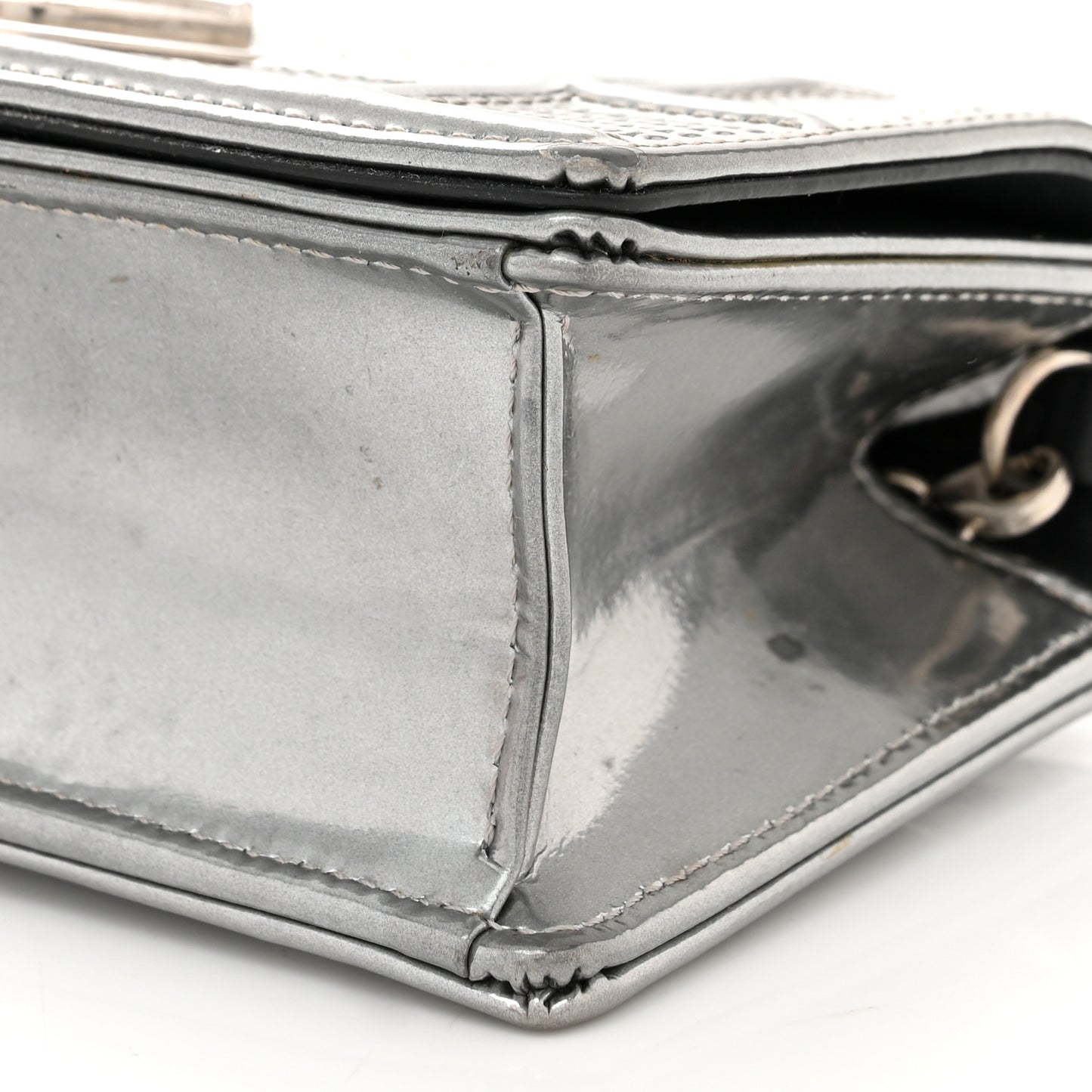 Metallic Patent Micro-Cannage Baby Diorama Flap Bag Silver