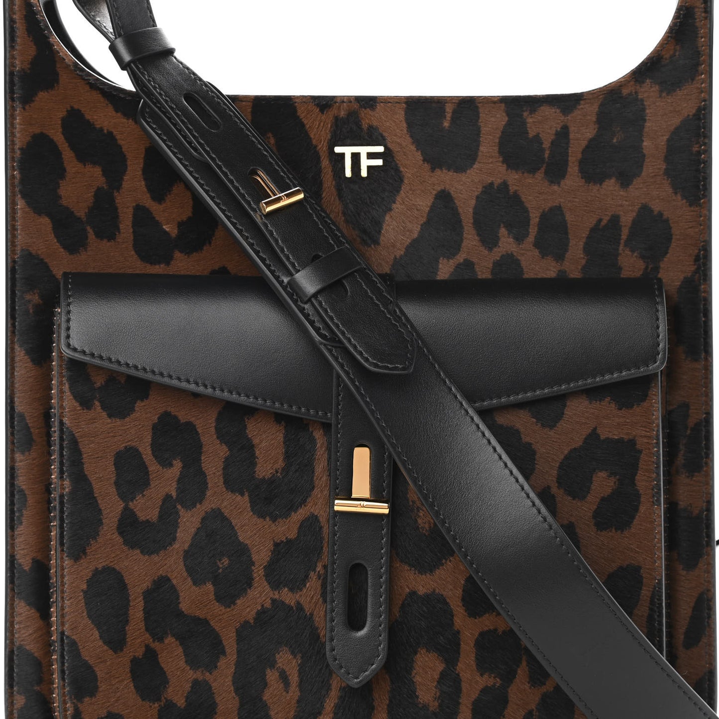 Calfskin Calf Hair Leopard Print Medium T Twist Tote Dark Whisky Black
