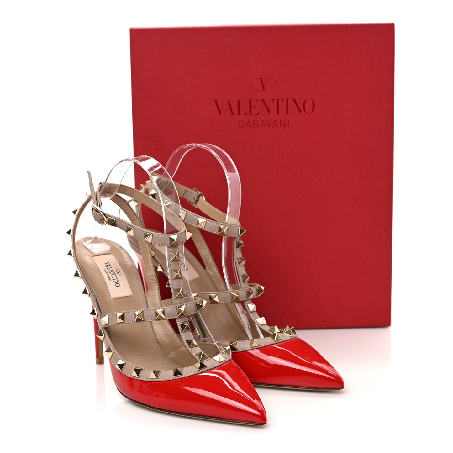 Patent Nappa Rockstud Ankle Strap 100mm Pumps 40 Rosso Valentino Poudre