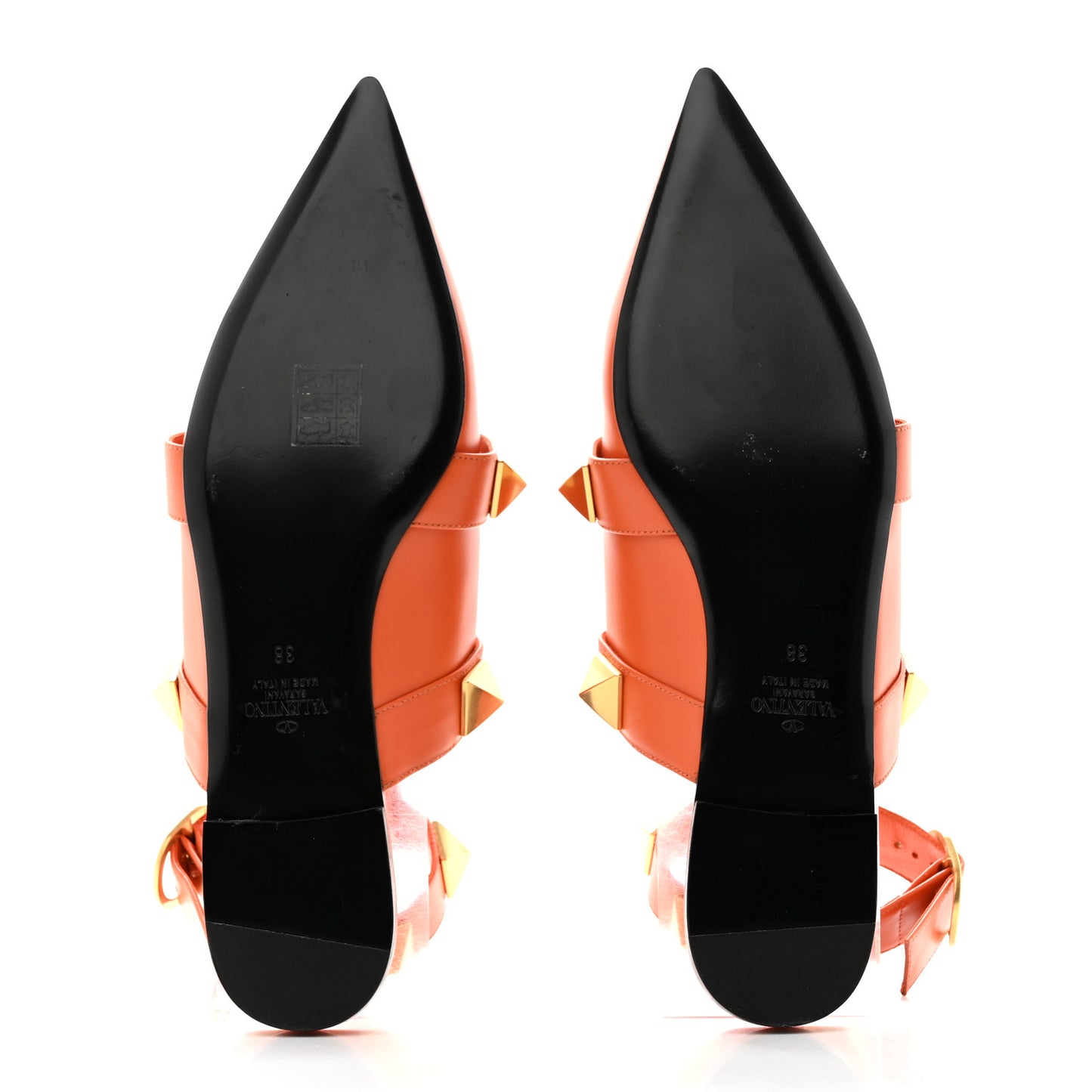 Calfskin Roman Stud Ankle Strap Flat Mules 38 Orange Zest